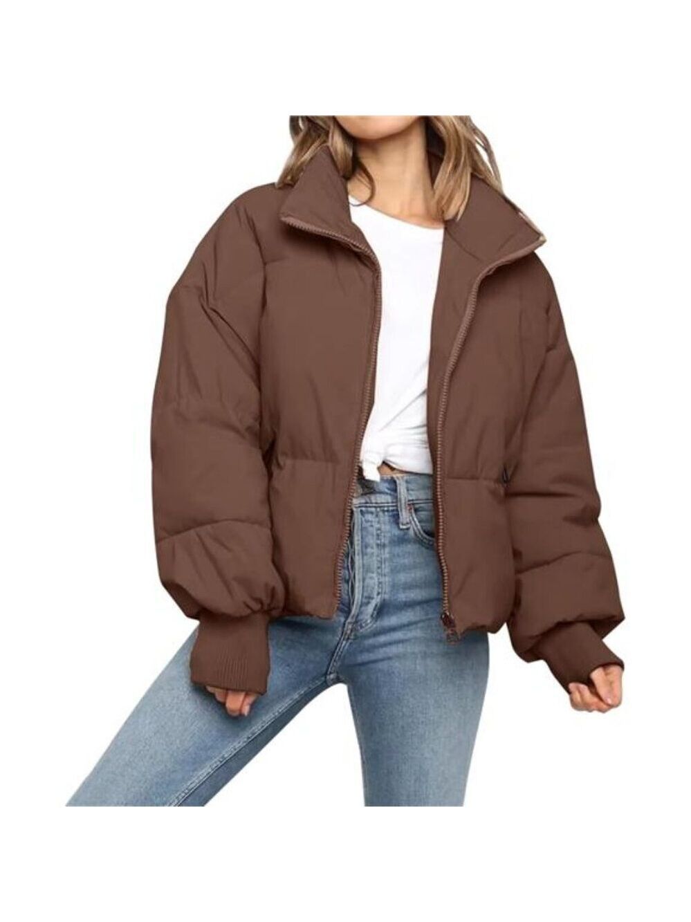 womens cropped puffer jacket winter quilted zip up oversized warm coat casual